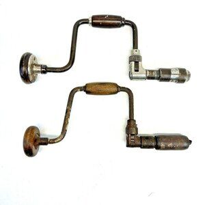Lot Of 2 Vintage Hand Crank Ratcheting Drills With Wood Handles For Carpentry